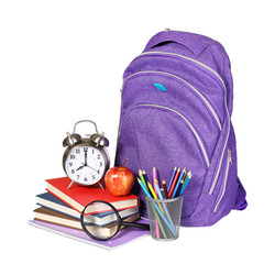 Books, apple, backpack, alarm clock and pencils isolated on whit