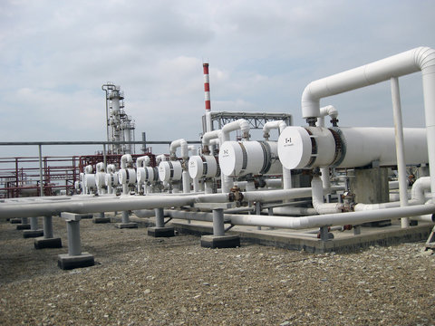 Heat exchangers at oil refinery.