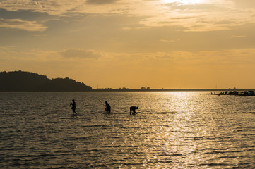 silhouette of fisherman in sunset 
