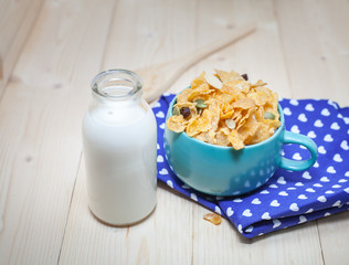 Cornflakes Caramel with milk. Selective focus, shallow DOF 