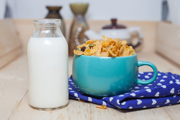 Cornflakes Caramel with milk. Selective focus, shallow DOF 