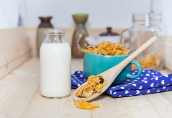 Cornflakes Caramel with milk. Selective focus, shallow DOF 