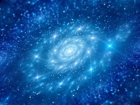 Blue glowing magical spiral galaxy with particles