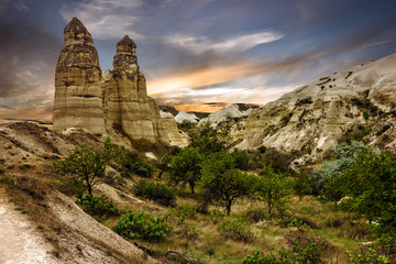 Goreme, Turkey. Column mountain landscape, Cappadocia