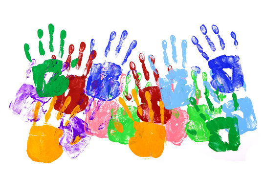Handprints or hand prints several colors in a horizontal banner row or line isolated on white background