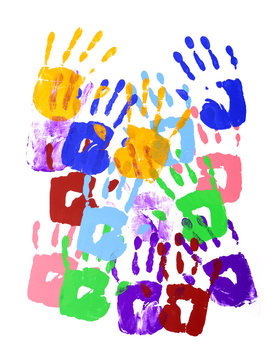 Handprints or hand prints messy painted hands several colors in a square shape isolated on white background