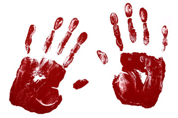 Handprints or hand print one pair in red paint isolated on white background photo