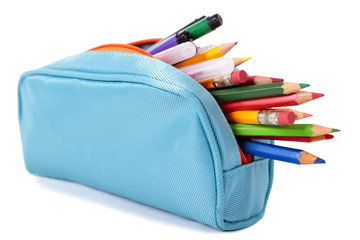 Pencil case full of crayons and pencils isolated on white background photo
