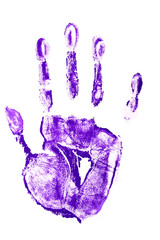 Handprint or hand print one single in purple paint isolated on white background photo