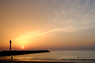 Sunset on the beach in Ostend, Belgium at the North Sea