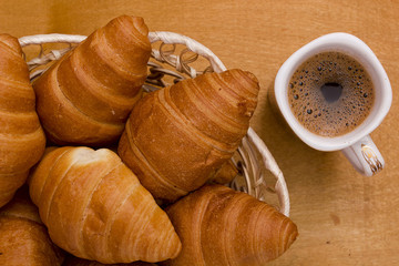 Cup of morning coffee and croissants