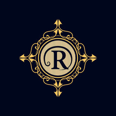 Monogram design elements, graceful template. Calligraphic elegant line art logo design. Letter emblem R. Business sign for Royalty, Boutique, Cafe, Hotel, Heraldic, Jewelry, Wine. Vector illustration