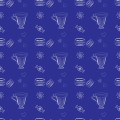 Hand drawn seamless pattern with macaroons and teacups