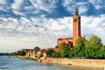 Fototapeta na wymiar View of the Santa Anastasia church from the Adige River, Verona