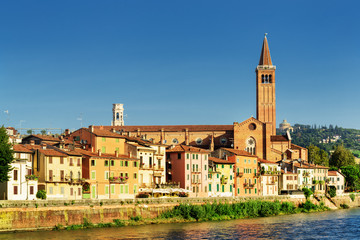 Fototapeta na wymiar Santa Anastasia church on blue sky background in Verona, Italy