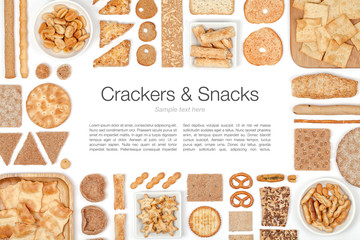crackers and snacks on white background