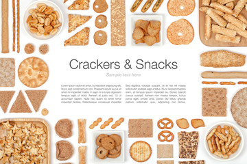 crackers and snacks on white background