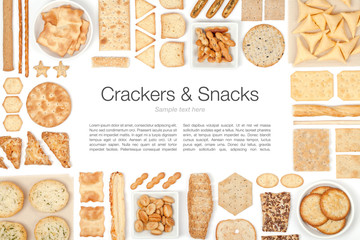 crackers and snacks on white background