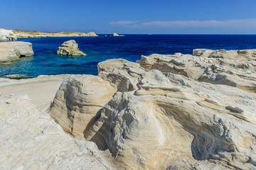 White chalk cliffs in Sarakiniko, Milos island, Cyclades, Greece.