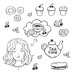 Tea time. Girl with speech bubble with cup of tea and croissant. Favorite breakfast. Sketch, design elements. Vector illustration.