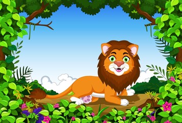 lion cartoon in the jungle and lansdcape background for you design