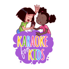 Cartoon children sing with a microphone