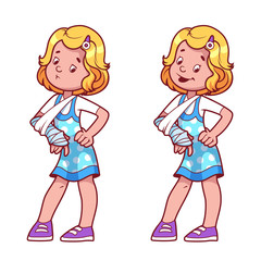 Cheerful and sad girl with a broken arm in a cast.