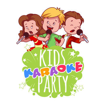 Cartoon children sing with a microphone