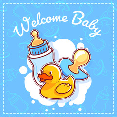 Baby Shower Card: Welcome Baby! Template Baby Shower card for boy in blue tones