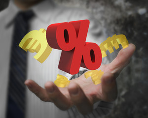 Businessman hand showing red percentage sign with golden euro si