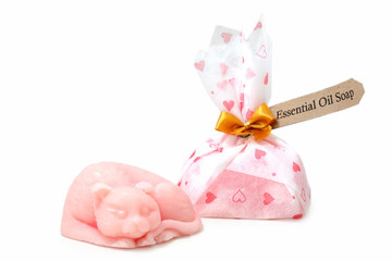 Essential oil soap and cat shape isolate on white for souvenir