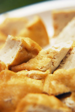 Indonesian fried tofu on white plate - extreme closeup view.