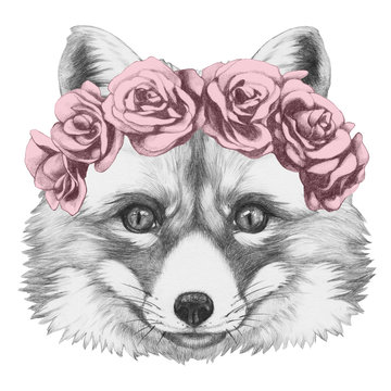 Original drawing of Fox with floral head wreath. Isolated on white background.