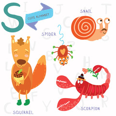 Very cute alphabet. S letter.Squirrel, scorpion, spider, snail.
