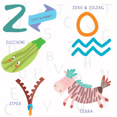 Very cute alphabet.Z letter. Zebra, zero, zigzag, zucchini, zipe