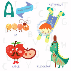 Very cute alphabet.A letter. Ant, astronaut, apple, alligator.