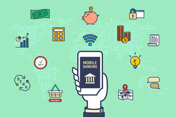Vector :Hand hold mobile with banking activity icons with world