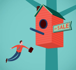 Real estate agent with a suitcase  flying to the red birdhouse. Vector illustration of  	
a business metaphor.
