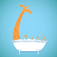 Funny girafe in a bath. Girafe take a bath with soapsuds. Vector cartoon. 