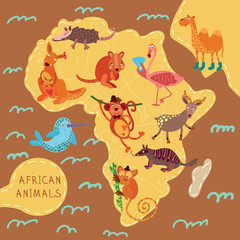 Obraz premium Map of Africa with cute animals in vector. African animals set