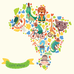 Map of Africa with cute animals in vector. African animals set: