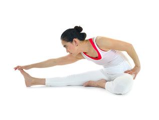 Fototapeta na wymiar Middle aged woman exercising and stretching isolated on white background