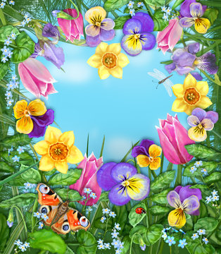 Among the flowers. Daylight meadow color background. Idealistic tranquil image. Beautiful multicolored flowers and insects on a background of blue windless sky with clouds.