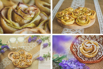 Set of 4 images with homemade apple cakes over sackcloth