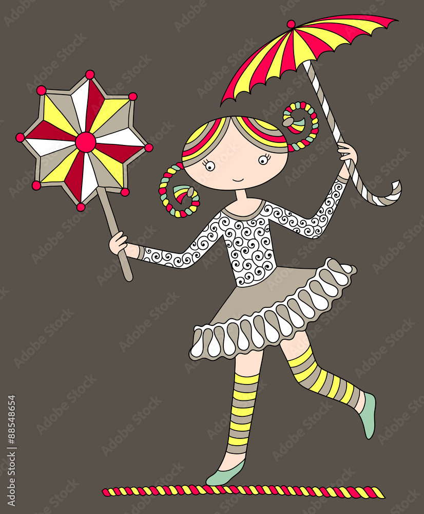 Wall mural pretty girl acrobat walking a tightrope with an umbrella and dec