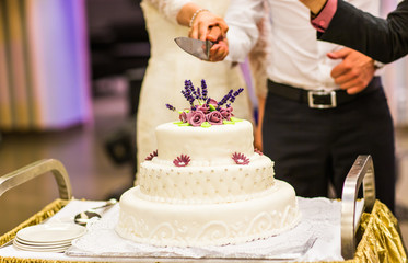  white wedding cake with pink and  flowers