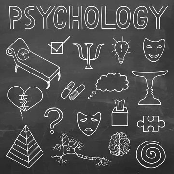 Psychology hand drawn doodle set and typography on chalkboard background
