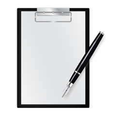 Black clipboard with blank sheets of paper with fountain writing pen 
