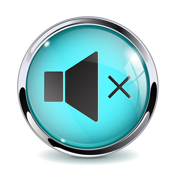 Shiny round Button - Speaker volume. Glass web media icon with metallic frame.