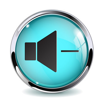 Shiny round Button - Speaker volume. Glass web media icon with metallic frame